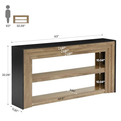 Tribesigns 63" Long Console Table, Farmhouse 3-Tier Entryway Table with Storage, Narrow Wooden Sofa Table Behind Couch, Living Room, Hallway, Foyer, Brown & Black