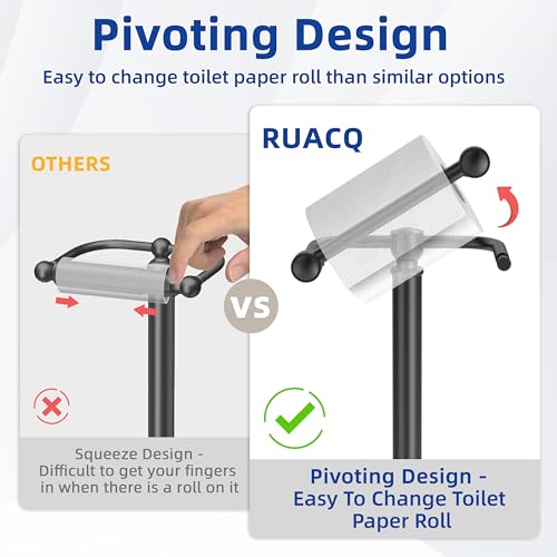 RUACQ Bathroom Toilet Paper Holder Stand, Matte Black | Dual-Post Pivoting Free Standing Toilet Roll Holder with Weighted Base, Anti-drop Design 304 Stainless Steel Tissue Stand - color: Matte Black, size: Free Standing