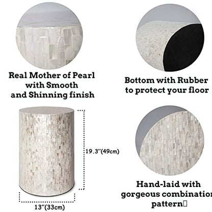 PEMAR Mother of Pearl Cylinder Drum End Table Nacre Side Stool Round Accent Table Coffee Bedside Nightstand and Vanity Stool 13" Diameter x 19.3" High Pearl White & Cream - color: Pearl White