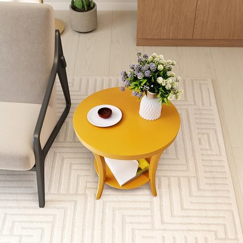 Roundhill Furniture Perth Contemporary Round End Table with Shelf - color: Yellow