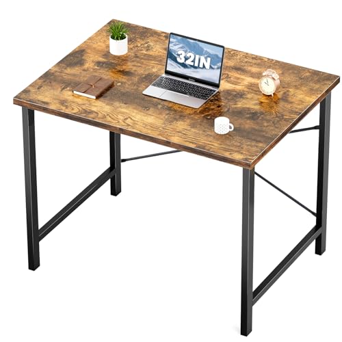 Sweetcrispy 32-Inch Small Computer Desk for Bedroom, Brown | Gaming Writing Work and Study Desk for Home Office, Sturdy Metal Frame and Compact Modern Design with X-Shaped - color: Rustic Brown, size: 32-Inch