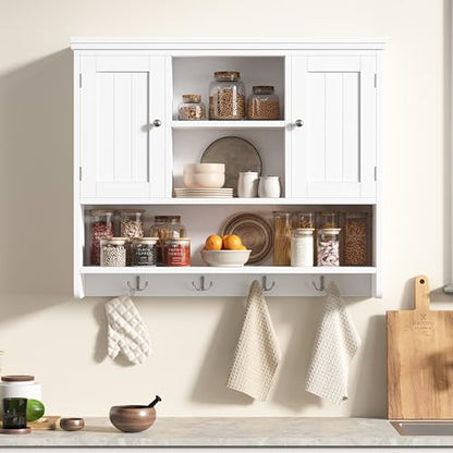 Bathroom Wall Cabinet with Doors and Hooks, 3-Tier Wall Mounted Cabinet | Modern Medicine Cabinet with 3 Open Shelves, Over the Toilet Storage Cabinet for Kitchen, Laundry Room, Living Room, White - color: White
