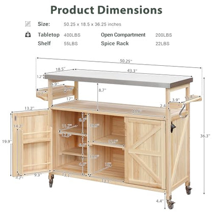 Merax 50" Outdoor Kitchen Grill Cart Island on Wheels with Stainless Steel Top,Farmhouse Style Solid Wood Frame Storage Cabinet for Patio - color: Natural