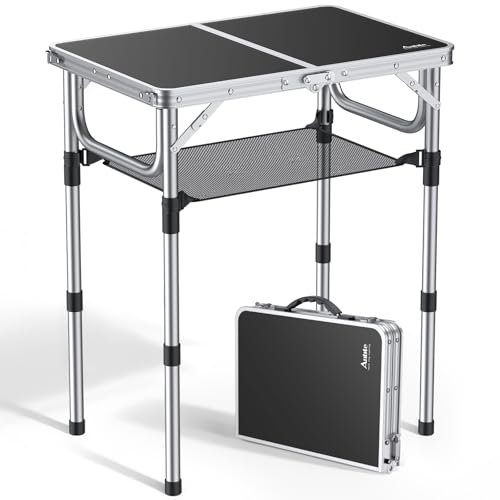 Anbte Folding Camping Table, Aluminum 24" x 16" Adjustable Height Small Folding Table with Carrying Handle, Lightweight, Portable Camping Table Waterproof for Outdoor Indoor Picnic Beach BBQ (Black) | Portable Picnic Table with Net Storage, Quick Assembly