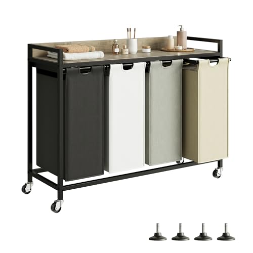 Herture Laundry Hamper with Shelf, Laundry Basket 4 Section, Laundry Sorter with Pull-Out Removable Large 4 Color Bags and Movable Wheels, Metal Frame, 4 x 15.87 Gallons (60L),Greige PF07XLZ - color: Greige + 4-Color, size: 4 Bags-240 L