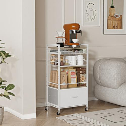 Coffee Bar Cabinet with Storage，5 Tier Coffee Station Table on Wheels, 33.6" H Cart with Drawer for Home Kitchen, Liquor Buffet Sideboard Cabinet (Modern White) - color: White