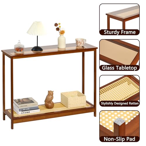Bamboo Narrow Console Table, 39.4"(L) Wood Small Entryway Table with Rattan and Glass, Accent Slim Hallway Tables, Thin Sofa Side Tables for Hallway, Living Room, Bedroom, Foyer, Walnut - color: Walnut 39.4"(l)