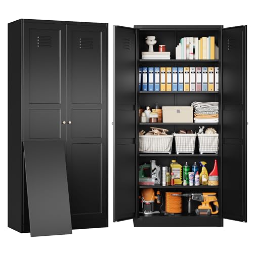 SISESOL Black Storage Cabinet,71" Tall Pantry Cabinet,Kitchen Pantry Storage Cabinets with 2 Doors and 5 Shelves,Wide Deep Metal Food Cupboard for Home,Kitchen,Dining/Living Room - color: Black, size: 71"H