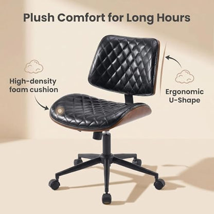 Furnimart Armless Small Desk Chair with Wheels, 360° Swivel Faux Leather Vanity Chair for Bedroom, Compact Home Office Task Chair for Small Spaces, Heavy-Duty Wood Frame(PU Black) - color: Faux Leather-black