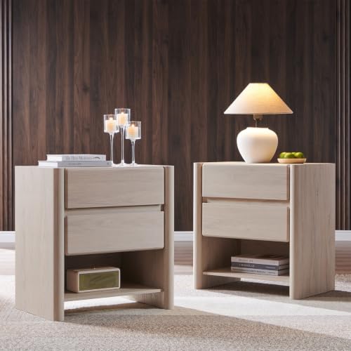 25" Tall Modern Nightstand Set of 2, 23.6" W Night Stand with Charging Station & 2 Storage Drawers & Open Shelf, Wood Nightstands w/Rounded Corner Design for Bedroom (Cream) - color: Cream, size: 2 Drawers
