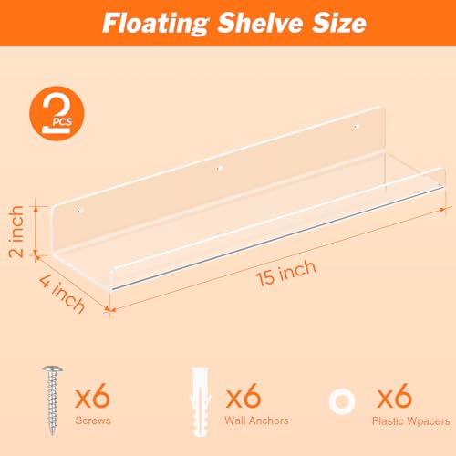 Dooiclear 2 Pack Floating Shelves for Wall, 15" Clear Floating Wall Shelf | Acrylic Book Shelf, Display Shelves Organizer for Bathroom, Classroom, Bedroom, Living Room, Kitchen, Room Decor - size: 2 Pack