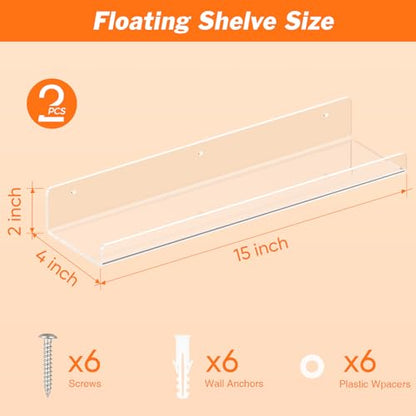 Dooiclear 2 Pack Floating Shelves for Wall, 15" Clear Floating Wall Shelf | Acrylic Book Shelf, Display Shelves Organizer for Bathroom, Classroom, Bedroom, Living Room, Kitchen, Room Decor - size: 2 Pack