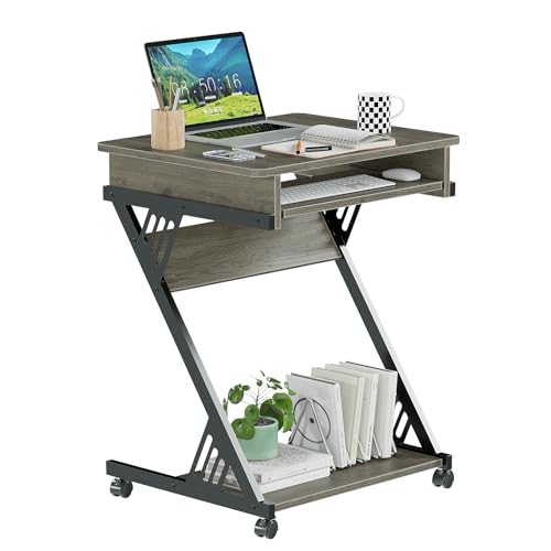 ALISENED 23.6" Z-Shaped Computer Desk for Small Spaces with Keyboard Tray, Wheels and Bottom Shelves, Compact Space-Saving Home Office Workstation, Grey - color: Grey