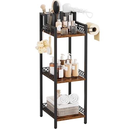 Bathroom Storage and Organizer Shelf Hair Dryer Holder, 9.85in | 3-Tier Narrow Metal Standing Rack with Toilet Paper Holder,Makeup Stand for Cosmetic, Vanity, Kitchen, Laundry Rustic Brown - color: 9.85“ Black Without Drawer
