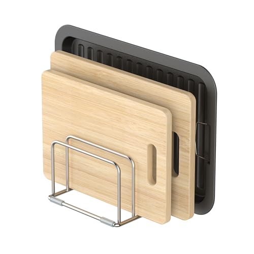 KORRTFID Cutting Board Holder Stand, Chopping Board Storage Rack, Cutting Board Organizer, 304 Stainless Steel Chopping Board Holder, Cookie Sheets Organizer 1.0+1.2 Inch Width Slots(Large) - size: 1.0+1.2 in Slot