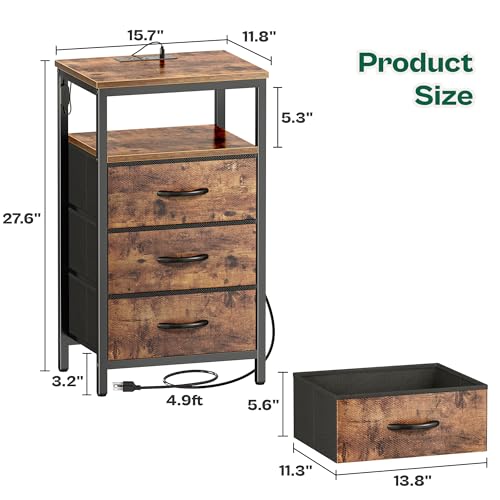 Huuger Night Stand with Charger Station and LED Lights, 3 Drawer Nightstand, Bed Side Table with Open Shelf, End Table, Tall Fabric Dresser for Bedroom, Rustic Brown - color: Rustic Brown, size: 11.8"D x 15.7"W x 27.6"H（3 Drawers）