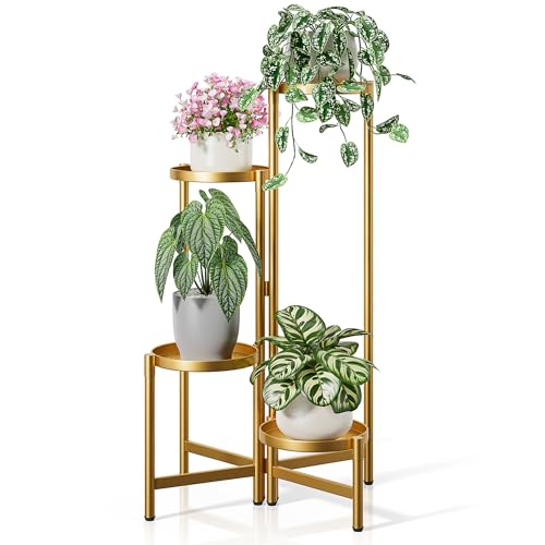 Gold Plant Stand, 4 Tiered Plant Stand Indoor for Multiple Large Planter, Tall Heavy Duty Adjustable Folding Rack with Rustproof 7.9 Inch Wide Tray, Plant Shelf for Corner - GoldDisk - color: GoldDisk, size: 4-tiers