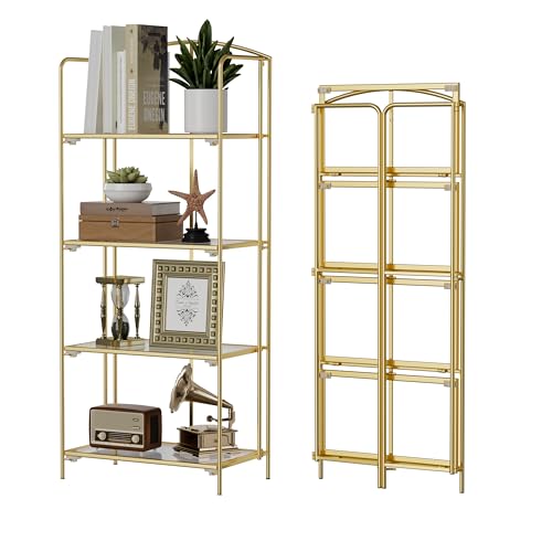 Crofy 4-Tier Foldable Bookshelf, Gold Frame & Transparent Shelves | No-Assembly Collapsible Portable Storage Organizer; Sturdy Transparent Shelves; Ideal for Living Room & Home Office - color: Gold Frame & Transparent Shelf, size: 4 Tier