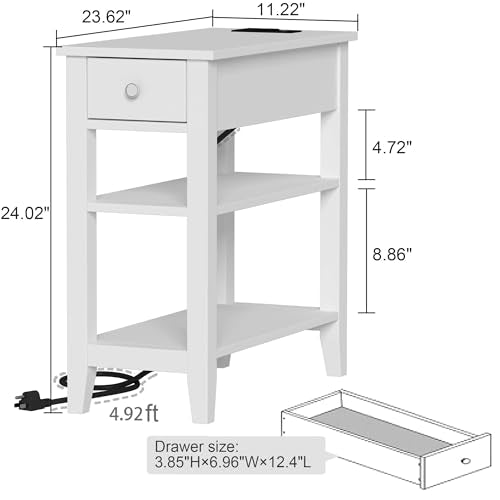 ChooChoo Narrow End Table with Charging Station, Side Table Living Room with USB Ports & Power Outlets and Hidden Drawer, 3-Tier Skinny Nightstand with 2 Open Storage Shelves for Small Place (White) - color: White