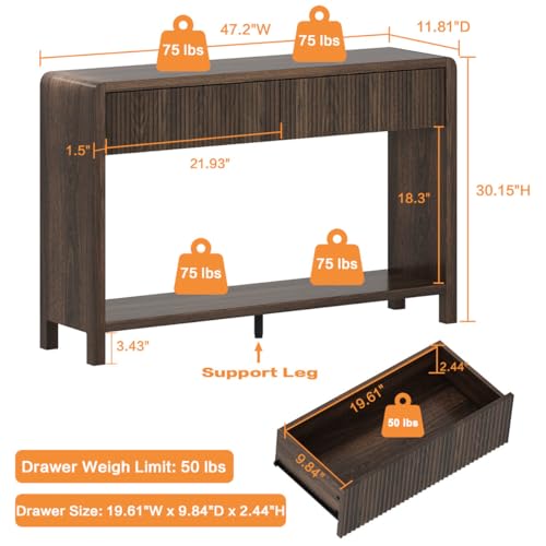 FATORRI Console Sofa Table with 2 Drawers, 47.2 inch Wood Couch Table Behind Sofa, Farmhouse Entryway Tables for Hallway Storage, Dark Walnut - color: Dark Walnut