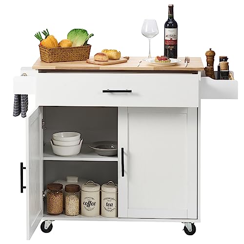 VEVOR Kitchen Island Cart with Solid Wood Top, 35.4" Width Mobile Carts with Storage Cabinet, Rolling Kitchen Table with Spice Rack, Towel Rack, Drop Leaf and Drawer, Portable Islands on Wheels, White - size: 35.4" W Drop Leaf, style: 1 Drawers & 2 Doors