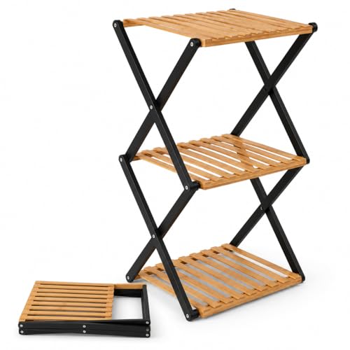 Foldable Bamboo Shoe Rack, 3-Tier Vertical Shoe Organizer for Small Spaces, Narrow Multifunctional Folding Shelf for Entryway, Closet, Bedroom, Hallway, Outdoor Camping & Plant Display-Black - color: Black