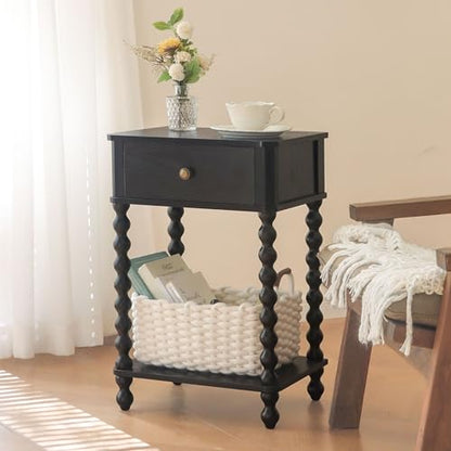 AWASEN Black Nightstand, Bedroom Side Table with Drawer for Living Room, Small Bedside End Table with Spindle Wood Legs for Bedroom, Office, Black - color: Black