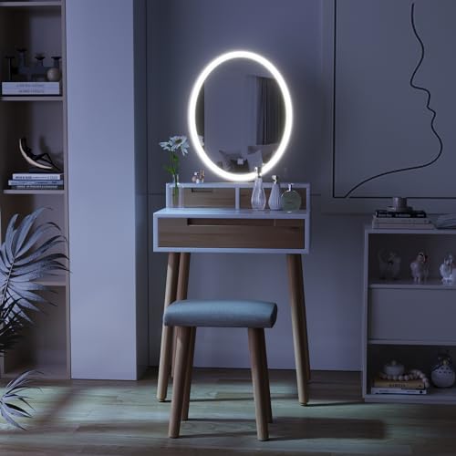 YOURLITE Small Makeup Vanity Desk with Lights, Compact Vanity Desk with Adjustable Brightness Mirror for Small Spaces, Dressing Table with Drawers and Storage Shelves - size: 24", style: Oval Mirror Wooden with shelf