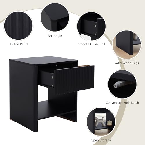 Mid Century Modern Night Stand with Drawer, Black Nightstand for Bedroom, Small End Table with Storage, Living Room/Bed Side Table with Drawer for Small Spaces, Fluted Cabinet Wood Nightstand - color: Black