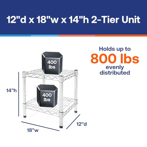 Shelving Inc. 12" d x 18" w Chrome Wire Shelving with 2 Tier Shelves, Weight Capacity 800lbs Per Shelf - size: 12" d x 18" w x 14" h