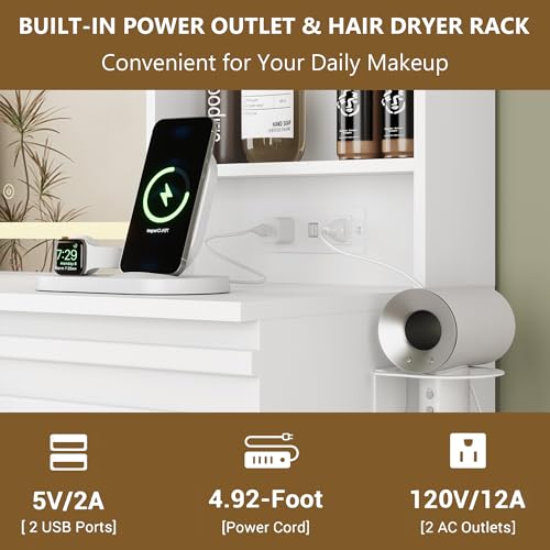 Makeup Vanity Desk with Lights, Fluted Vanity with 4 Drawers, Open Shelves, Power Outlet, LED Lighted Mirror, 3 Lighting Modes & Brightness Adjustable, Wood Dressing Table for Bedroom,White - color: White