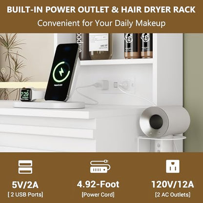 Makeup Vanity Desk with Lights, Fluted Vanity with 4 Drawers, Open Shelves, Power Outlet, LED Lighted Mirror, 3 Lighting Modes & Brightness Adjustable, Wood Dressing Table for Bedroom,White - color: White