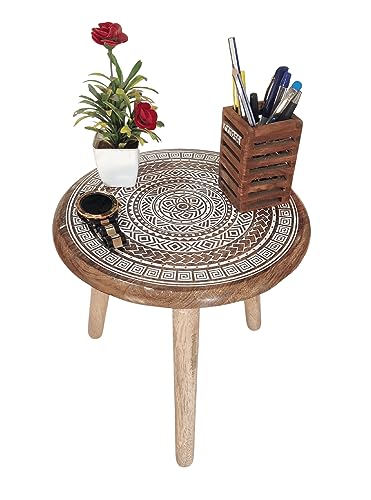 VANIYA CRAFTS® Wooden Engraved Fold-able Side Table/End Table/Plant Stand/Stool for Living Room Bedroom Restaurant Kids Play Furniture Table Round Shape (Natural White 2) - color: Natural White 2