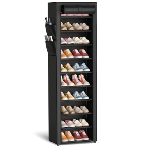Kitsure 10-Tier Shoe Rack with Cover, Vertical Shelf, 17.5" Wide, Black | Space Saving Shoe Storage with Side Pocket, Shoe Organizer for Closet, Entryway, Bedroom, Zapateras Organizer - color: Black, size: 17.5" Wide - 10 Tier