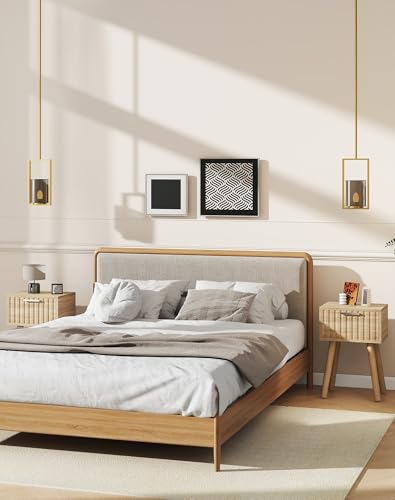 YMYNY Narrow Fluted Nightstand Set of 2, Small End Table, Modern Coffee Table with Drawer, Solid Wood Legs, Retaining Chain, for Bedroom and Small Spaces, Natural UHST014R-2 - color: Natural