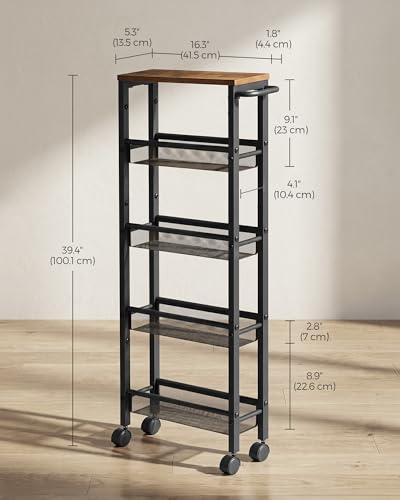 SONGMICS HOME Slim Rolling Cart, 5-Tier Storage Cart with Wheels and Handle, Narrow Utility Cart for Kitchen, Living Room, Brown and Black - style: 5 Tiers