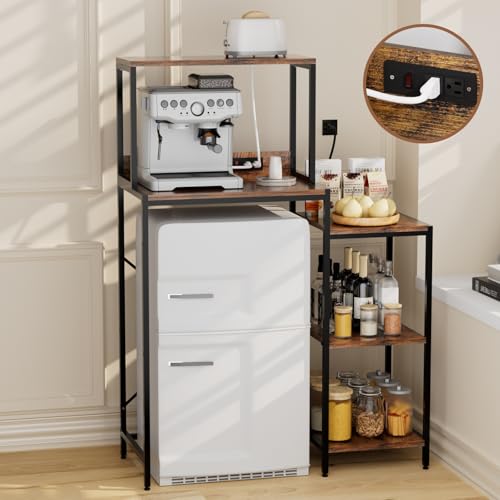Mini Fridge and Microwave Stand Cabinet Shelf Organizer for Dorm, 5 Tiers Adjustable Over Mini Fridge Storage Bakers Rack with Power Outlet for Kitchens, Coffee Bar for Office,Brown - color: Brown