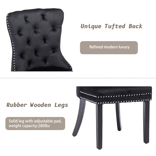 KCC Velvet Dining Chairs Set of 2, Upholstered High-end Tufted Dining Room Chair with Nailhead Back Ring Pull Trim Solid Wood Legs, Nikki Collection Modern Style for Kitchen, Black - color: Black, size: Set of 2