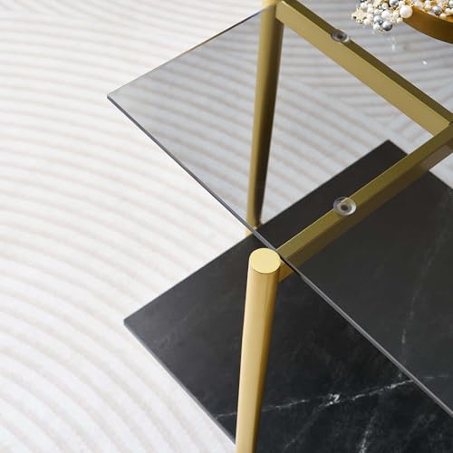 LumFurn Glass End Table, Mid-Century Modern Design Sofa Table, for Living Room, L18 x W18 x H23 in, Clear Glass Top and Walnut MDF Shelf, Sleek Conical Metal Legs with Gold Finish Frame - color: Grey & Black Marble, size: L18" Square End Table