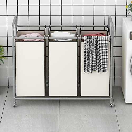 LINZINAR 3 Section Laundry Hamper, Beige Laundry Basket 135L Laundry Sorter | Laundry Room Organization with Heavy Duty Rolling Lockable Wheels and Removable Bag, Bedroom Laundry Cart for Clothes Storage - size: 3 Bags Beige