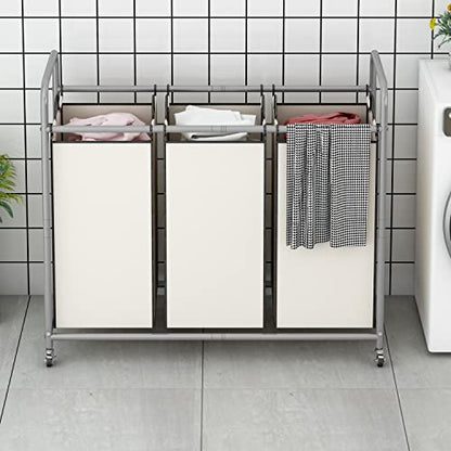 LINZINAR 3 Section Laundry Hamper, Beige Laundry Basket 135L Laundry Sorter | Laundry Room Organization with Heavy Duty Rolling Lockable Wheels and Removable Bag, Bedroom Laundry Cart for Clothes Storage - size: 3 Bags Beige