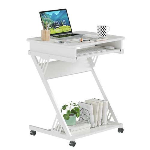 ALISENED 2 Tier Computer Desk with Keyboard Tray, 23.6" Home Office Desk Computer Workstation Rolling Study PC Laptop Table for Small Spaces,Z-Shaped Small Compact Study Table,White - color: White
