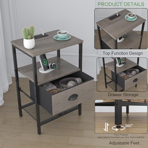 sthmec Nightstands Set of 2, LED Night Stands with Charging Station and Fabric Drawer, Bedside Tables with Drawers, 2- Tier LED Side Table End Table Charging Station Bedroom, Grey - color: Grey, style: Power & LED