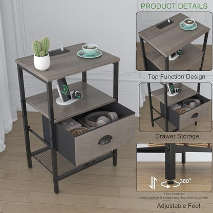 sthmec Nightstands Set of 2, LED Night Stands with Charging Station and Fabric Drawer, Bedside Tables with Drawers, 2- Tier LED Side Table End Table Charging Station Bedroom, Grey - color: Grey, style: Power & LED