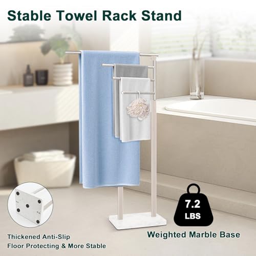 Standing Towel Rack, 304 Stainless Steel Towel Holder Stand with Weighted Marble Base, Floor Bath Towel Racks for Bathroom, Pool, Outdoor with 3 Swivel Towel Arms, Brushed Nickel