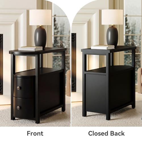 LITTLE TREE Solid Wood End Table with 2 Drawers & Open Shelf, No Assembly Required Side Table for Living Room, Black Couch Side Tables, Slim Bedside Table Nightstand for Bedroom - color: Black