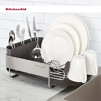 KitchenAid Compact, Space Saving Rust Resistant Dish Rack with Removable Flatware Caddy and Angled Self Draining Drainboard, 16.06-Inch, Black - color: Black, size: Compact