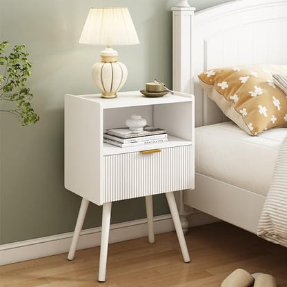 JOONEE White Nightstand,Modern Bedside Table with Storage Drawer and Open Wood Shelf, for Living Room, Bedroom and Small Spaces, Accent Night Stand with Solid Wood Legs, Easy Assembly,Classic White - color: White