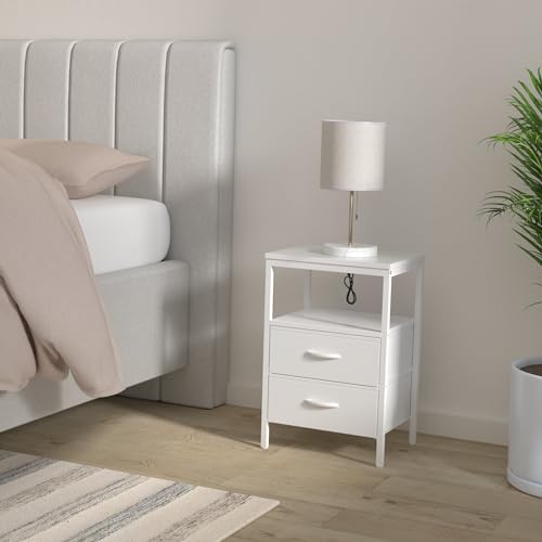 Huuger Nightstands Set of 2, End Tables with Charging Station, Side Tables with Fabric Drawers, Bedside Tables with USB Ports and Outlets, Night Stands, PU Leather, White - color: White, size: 11.8"d X 15.7"w X 23.6"h (2 Drawers)