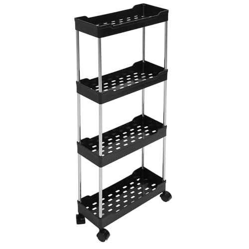 4 Tier Slim Storage Cart, Rolling Utility Cart with 4 Easy Glide Wheels and Side Hooks for Kitchen Bathroom Laundry Room Office Narrow Spaces (Black) - color: Black